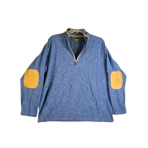 ORVIS Blue Pullover Knit Sweater Tan Leather Trim Elbow Patches Sz XL 1/4 Zip - Picture 4 of 9